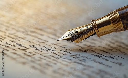 Golden Fountain Pen Above Antique Handwritten Letter in Cursive Calligraphy photo