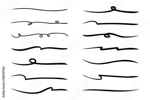 A collection of underlines that vary in shape and different line thicknesses, drawn manually by hand.