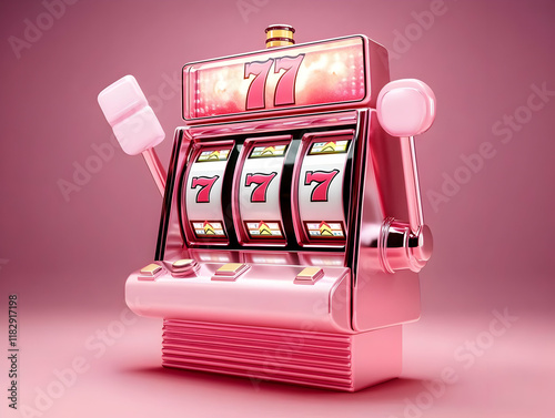 Pink Slot Machine Shows Triple Sevens Jackpot on Pink Background with Soft Lighting for Gambling