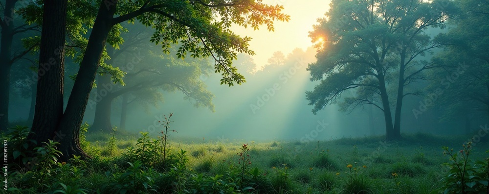 Fototapeta premium Peaceful forest landscape with misty atmosphere, forest, serene, atmospheric