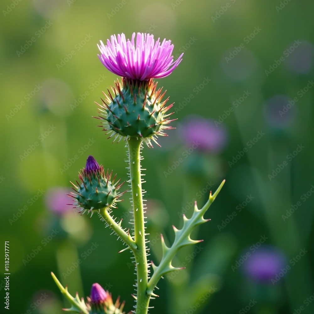 Prickly stem with thistle leaves and purple flowers, flowers of thyme, purple flowers, pink violet Prickly stem with thistle leaves and purple flowers, flowers of thyme, purple flowers, pink violet