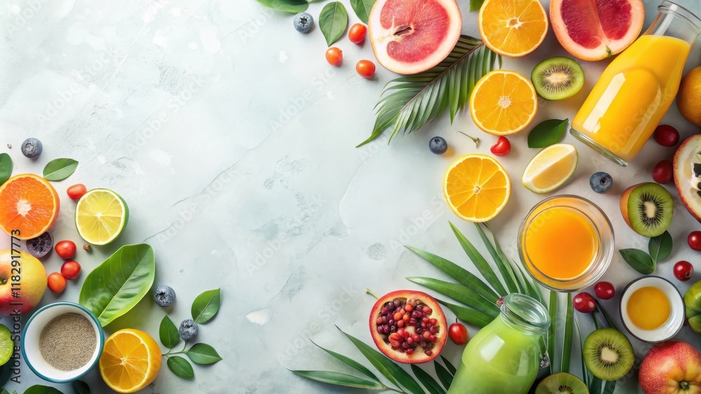 A Vibrant Composition of Fresh Fruits and Juices, Arranged Artfully on a Textured Surface, Creating a Visually Appealing and Health-Conscious Scene