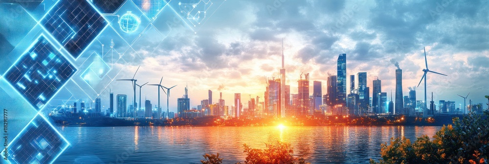 Fototapeta premium Renewable Energy Future with Wind Turbines Solar Panels in a Sustainable City Modern Art
