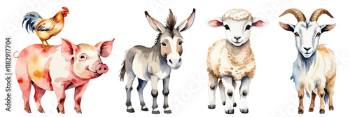 Cute group of farm animals. Hand drawn watercolor painting of chicken, pig, sheep, goat and donkey.  Farm animals collection vector illustration isolated on white background