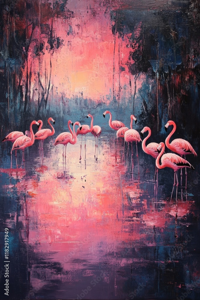 Obraz premium A flock of flamingos wading in a shallow lagoon at sunset, their pink hues glowing softly
