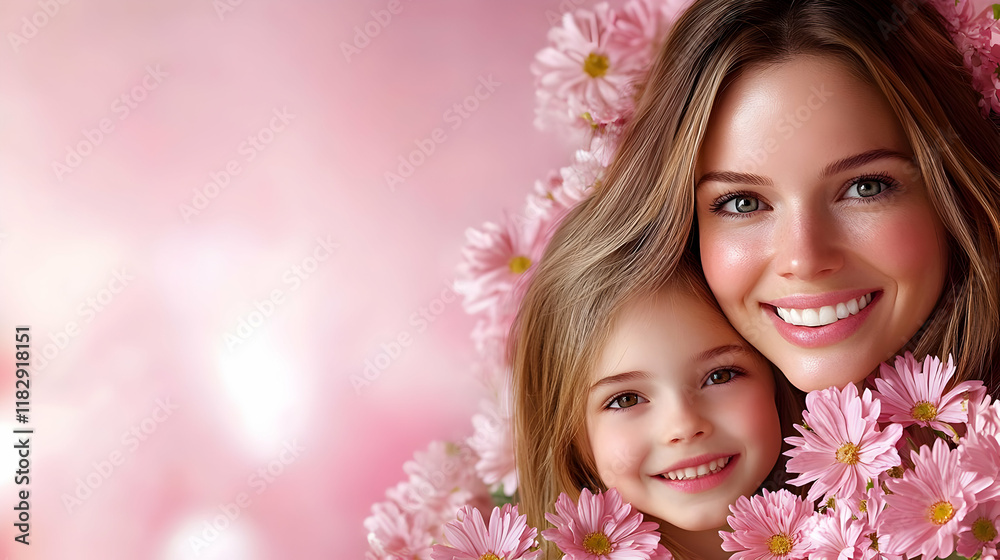 Mother and Daughter Smile Beautifully with Pink Flowers in Soft Focus Background Mother and Daughter Smile Beautifully with Pink Flowers in Soft Focus Background