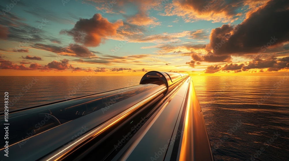 Obraz premium A breathtaking futuristic scene of a hyperloop train traveling over the ocean at sunset, with the sky and water glowing in rich, warm colors.