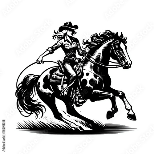 Wallpaper Mural \Black and White Cowgirl Rodeo Action: Embracing Western Heritage and Equestrian Spirit in Illustrative Artwork Torontodigital.ca