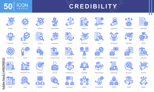 Credibility icon collection set. Containing trustworthiness, reliability, authenticity, integrity, honesty, dependability, accountability icon.