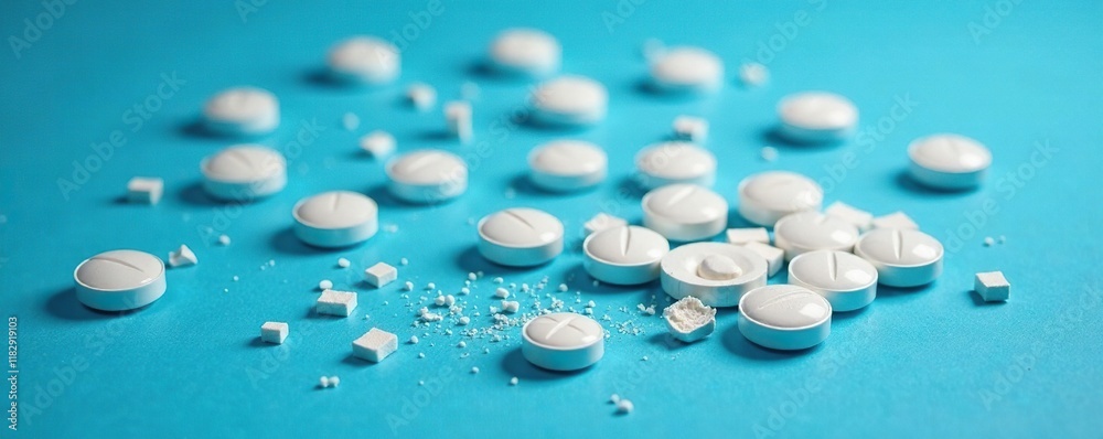 Small white pills scattered on a blue surface, some crushed and broken, dust, table top Small white pills scattered on a blue surface, some crushed and broken, dust, table top