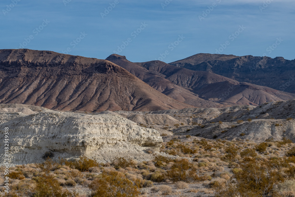 Fototapeta premium Lacustrine deposits are sedimentary rock formations which formed in the bottom of ancient lakes. Shoshone, Inyo County, California. Lake Tecopa is a former lake. Tecopa Lake Beds. Mojave Desert.