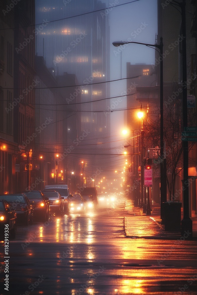 Fototapeta premium A foggy evening in Philadelphia, with city lights glowing through the mist