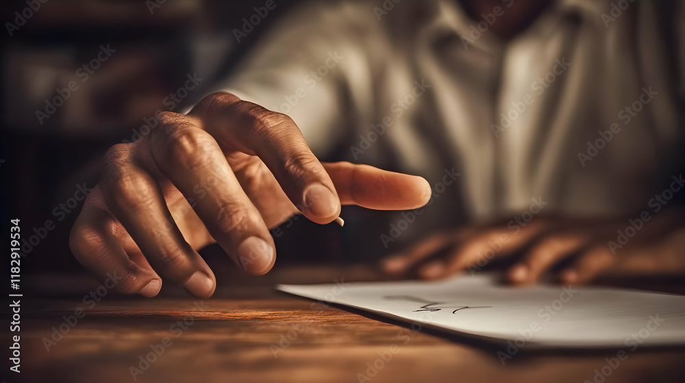 Person Points Finger at Signature on Document on Wooden Table in Dark Room Person Points Finger at Signature on Document on Wooden Table in Dark Room