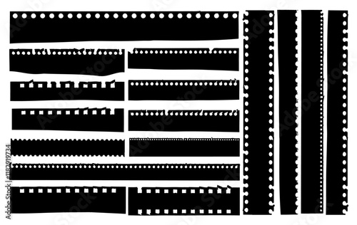 Cinema Strips: A graphic, high-contrast image of a film roll strip collection, symbolizing the art of filmmaking.