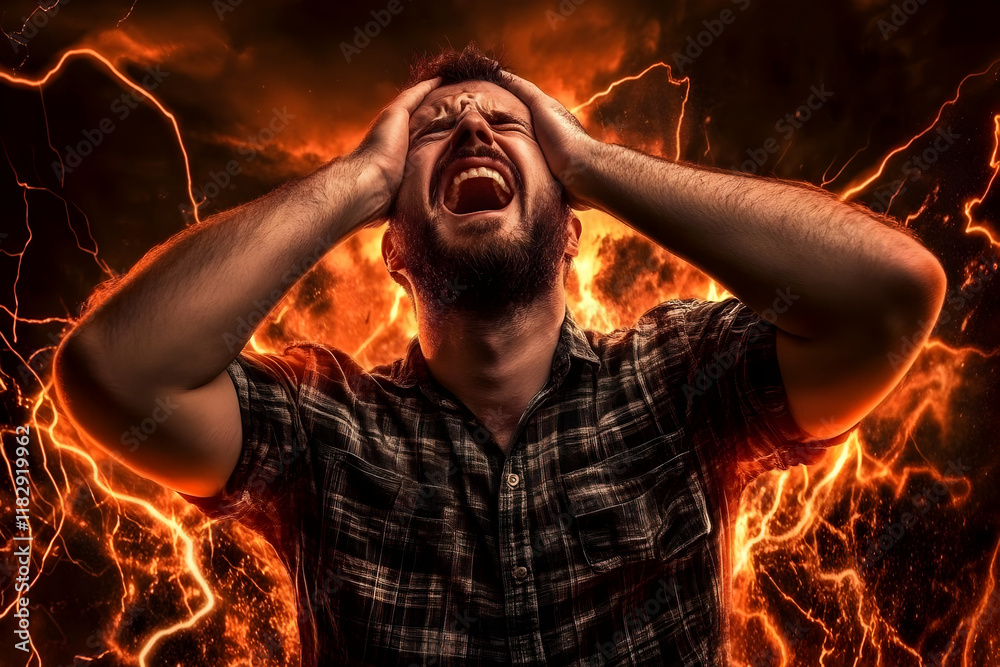 Man Screams in Pain with Fire and Lightning Background Effects Intensely Portrayed Man Screams in Pain with Fire and Lightning Background Effects Intensely Portrayed