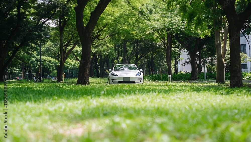 White Car in Lush Green Park Surrounded by Trees and Urban Buildings. White Car in Lush Green Park Surrounded by Trees and Urban Buildings.