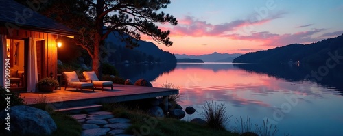 Softly glowing patio light illuminates serene lake waters at dusk, peaceful, lakehouse photo