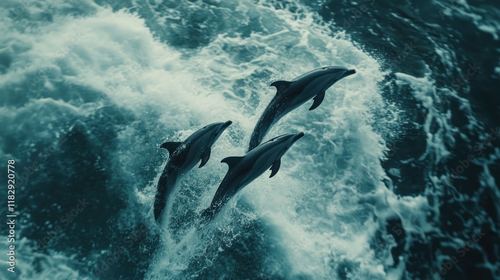 Obraz premium Three dolphins leaping from ocean waves.