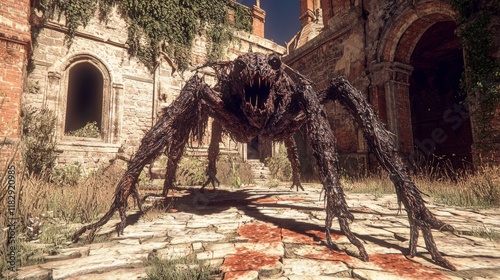 Dark, monstrous creature lurking in ancient ruins with menacing presence and eerie atmosphere under bright sunlight