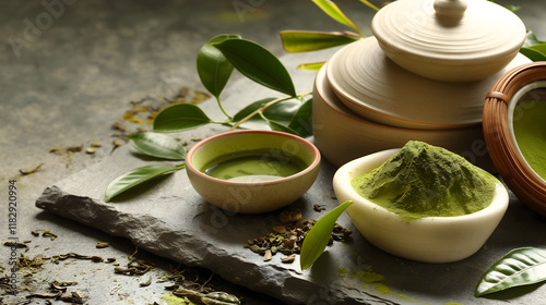 Elegant Matcha Tea Ceremony with Traditional Pottery and Green Leaves photo