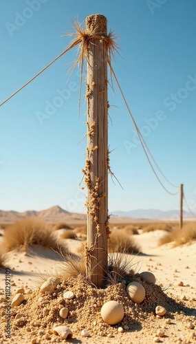 Telephone post overgrown with sand and wind-blown debris, barren landscape, rugged ground, overgrowth photo