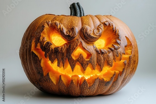 creatively carved halloween pumpkin jack olantern with spooky expression and sharp details photographed on pure white background with perfect lighting photo