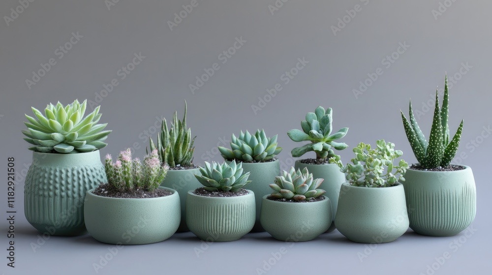 A collection of various succulents in textured green pots, arranged on a gray background for a stylish and contemporary plant display. A collection of various succulents in textured green pots, arranged on a gray background for a stylish and contemporary plant display.