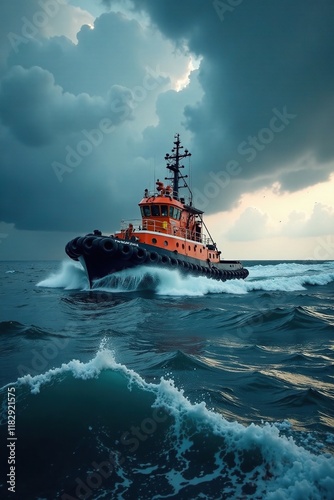 Tugboat maneuvering through stormy weather near Winchester Bay, navigation, sea photo