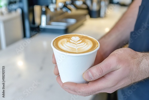 Barista Crafting Latte Art in a Chic Modern Café Environment photo