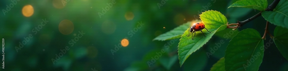 Warmly lit fireflies alighting on the leaves of a tree, green plants, glow Warmly lit fireflies alighting on the leaves of a tree, green plants, glow