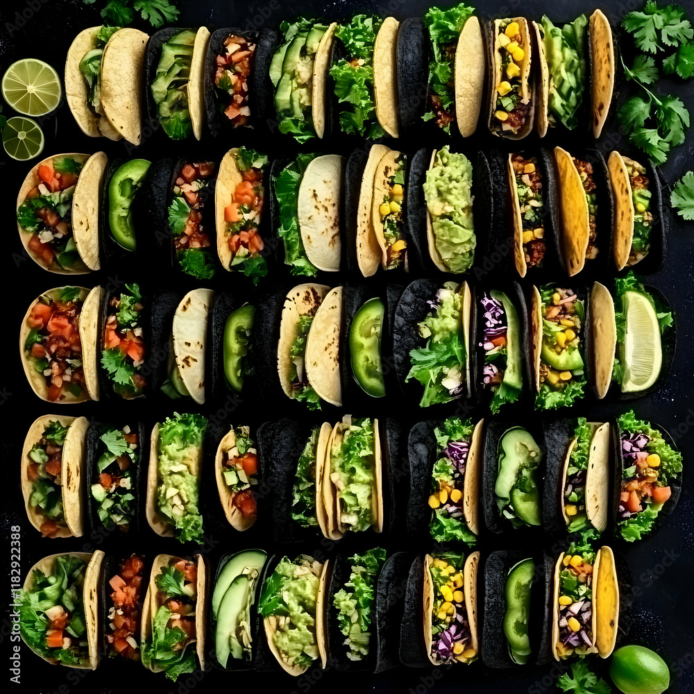 Mini Tacos Arranged on a Black Surface with Various Toppings and Garnishes Mini Tacos Arranged on a Black Surface with Various Toppings and Garnishes