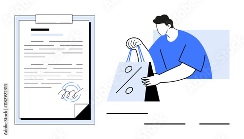 Person holding shopping bags with discount symbol next to a signed document. Ideal for shopping, online purchase, contract agreements, retail sales, e-commerce, marketing, financial transactions