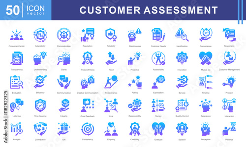 Customer Assessment icon collection set. Containing service, feedback, satisfaction, survey, evaluation, quality, experience icon.