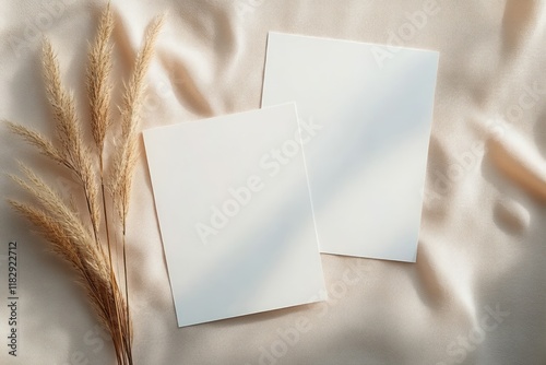 Minimalistic White Invitation Cards Mockup with Dried Grass on Beige Background photo