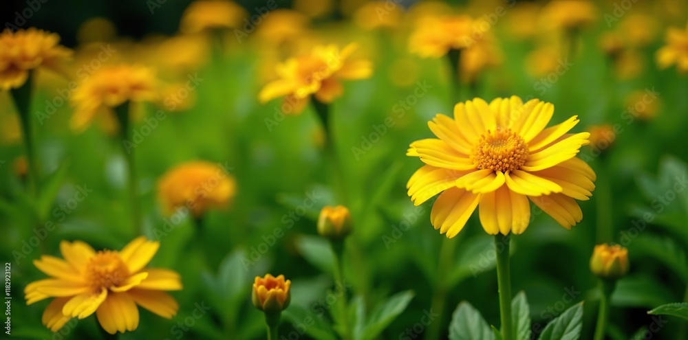 Yellow marigold flowers scattered across a lush green garden, yellow, Yellow marigold flowers scattered across a lush green garden, yellow,