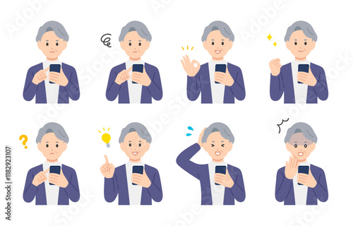 スマホを見ながらいろいろな表情･ポーズをするシニア女性･高齢者のセット【人物ベクターイラスト素材】