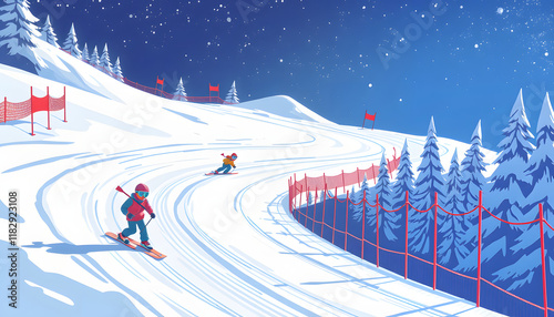 Children skiing slalom racing track with blue and red gates, one line art. isolated with white highlights