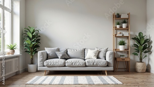 A calming living space featuring a sleek, light gray couch adorned with crisp white pillows, set against a subtle gray and white striped rug, surrounded by warm wood tones