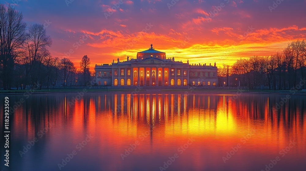 Fototapeta premium Majestic Sunset Over the Capitol Building with Reflections in Calm Waters