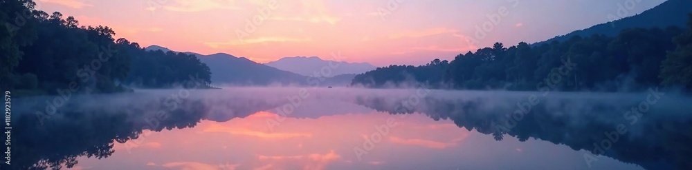 Obraz premium A serene lake at dusk with mist rising from its surface, dusk, mist, peaceful
