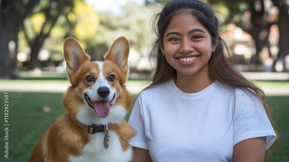 Latina teenager next to her corgi dog in the park Latina teenager next to her corgi dog in the park