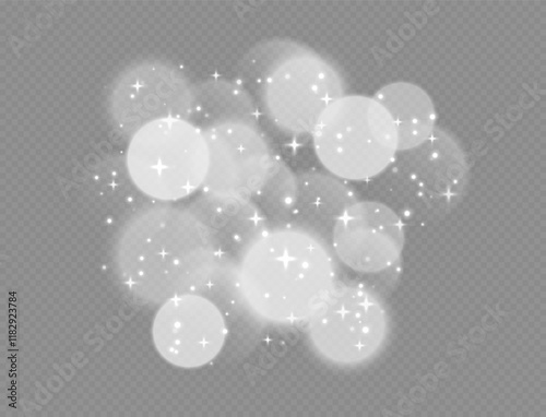 White bokeh with stars and sparkles, shiny overlay decoration isolated on grey background. Vector illustration.