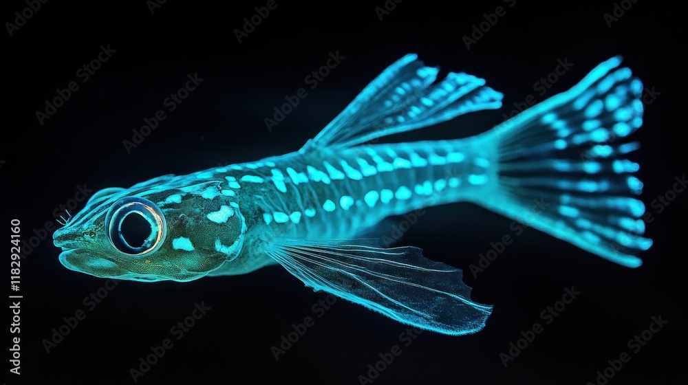 Glowing blue fish with intricate fins, isolated on black background. Glowing blue fish with intricate fins, isolated on black background.