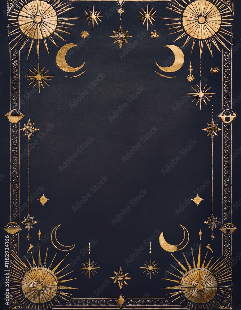 Celestial border design in gold and navy. Mystical, celestial artwork.