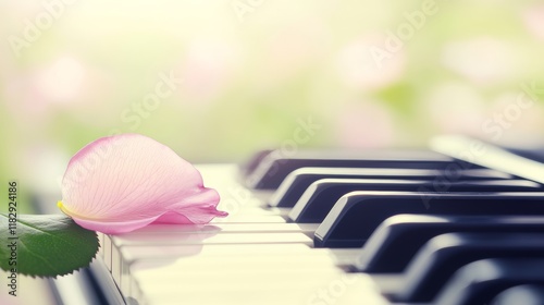 Pink Rose Petal on Piano Keys, Soft Focus Background