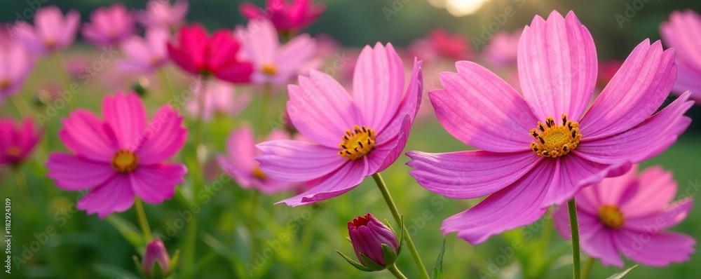 Cosmos flowers in full bloom with green stems and leaves, blooming, floral arrangement Cosmos flowers in full bloom with green stems and leaves, blooming, floral arrangement