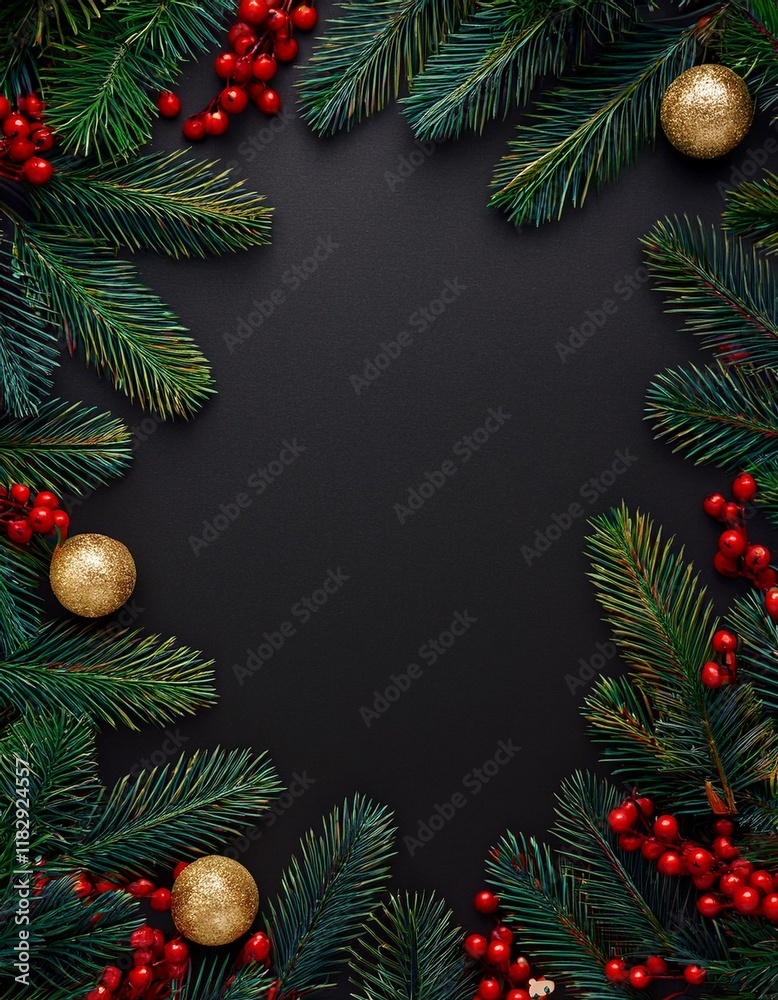Festive Christmas border of evergreen branches, red berries, and gold ornaments on a black background. Festive Christmas border of evergreen branches, red berries, and gold ornaments on a black background.