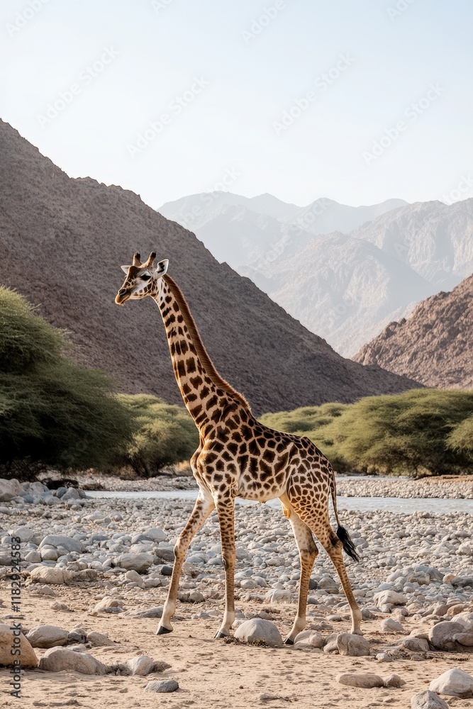 Obraz premium A giraffe walking along a dry riverbed, framed by distant mountains and clear skies