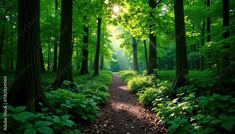 Fototapeta premium dense foliage surrounds a winding forest path, wood, scenery, nature