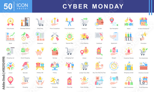 yber Monday icon set with shop and save, checkout counter, red tag sale, online shopping, shop responsibly, door crashers, electronic gadgets, shopaholic, shop local icon.